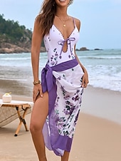 billige Onepiece badedrakter-Kvinners Én Bit Badedrakt Siksak Utskjæring med Skjørt Monokini Magekontroll Høy Midje Slank Ryggløs Ferie Strandantrekk Blomstret V Hals Ermeløse Badedrakter