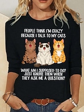 billige Dyrene tee-Dame T skjorte Trykt mønster Grafisk Dyr Katt Mote Fritid Kortermet Langermet Crew-hals Rund hals Vanlige topper Daglig Helg Svart Hvit Rosa Grønn Kakifarget Sommer Vår Høst