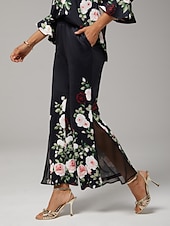  Damenhose Stretchstoff Blumendruck Chiffon transparente Einsätze ausgestelltes Bein elastische Taille elegant bequem Alltag Arbeit Herbst