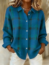 Недорогие свитшоты-Жен. Вязаная ткань Кардиган Элегантный стиль Мода Уличный стиль Сплошной цвет В клетку Рубашечный воротник Пэчворк Пуговицы Трикотаж Длинный рукав Обычные топы Вязать