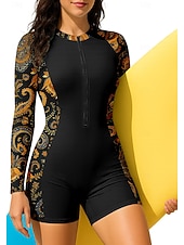 Недорогие Рашгард One Pieces-Жен. Рашгард Купальный костюм Бойлег Цветочный принт Огурцы Застегнуться Съёмные вставки Передняя молния УФ-защита от солнца UPF50+ Ультралегкий (UL) Длинный рукав Купальники Рашгард