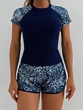 economico Tankini-Costume da bagno tankini da donna 2 pezzi pantaloni corti palmo controllo pancia vita alta slinguato senza schiena vacanza in spiaggia scollatura rotonda floreale con maniche corte