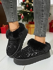 economico Stivali di neve e inverno-stivali da neve da donna con paillettes rosa e colletto in pelliccia sintetica: stivaletti invernali scintillanti alla moda per un comfort casual