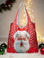 tanie Graficzne torby drukowane-Damska składana torba na zakupy świąteczna – wiele wzorów z motywem Świętego Mikołaja, materiał poliestrowy, trwała i kompaktowa, idealna na świąteczne zakupy i prezenty