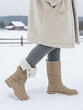 preiswerte Schnee- und Winterstiefel-Beige Wildleder-Schneestiefel für Damen, mittelhoch, mit Schnallenriemen – warme, mit Sherpa-Fleece gefütterte Winterstiefel für Outdoor-Aktivitäten im Schnee und auf Reisen
