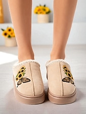 Χαμηλού Κόστους Γυναικείες Παντόφλες &amp; Σαγιονάρες-Γυναικείες παντόφλες με τυπωμένο ηλιοτρόπιο - ζεστά παπούτσια εσωτερικού χώρου με επένδυση από φλις και σχέδιο πεταλούδας, άνετα υποδήματα για το σπίτι για χειμερινά δώρα