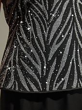  女性用 ドレッシーなトップス ツインセット スパンコール ラインストーン 動物 レオパード エレガント パーティー レディース 七分袖 スタンドカラー レギュラートップス パーティー パーティーイブニングウェア パーティー衣装 Sliver 春 秋 冬