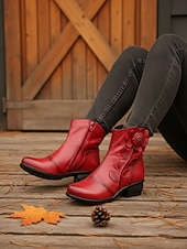 رخيصةأون جزمة الكاحل-حذاء نسائي من الجلد الأحمر بكعب متوسط وتطريز زهور - حذاء قصير كلاسيكي بكعب متوسط للملابس الكاجوال والأنيقة