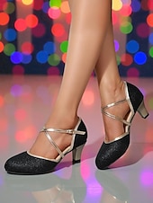 billige Klassiske pumper-Svarte damesko med glitterkryss – elegante ballroom-pumps med gulldetaljer for uteliv, fester og kveldsarrangementer