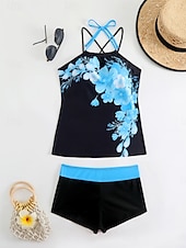 economico Tankini-Costume da bagno tankini da donna a 2 pezzi con pantaloni corti controllo della pancia alto in vita schiena scoperta per vacanze al mare colletto a halter e senza maniche