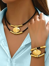 cheap Women's Necklace-Women's Bohemian Leather and Metal Statement Necklace &amp; Bracelet Set, Adjustable, Available in Gold and Silver – Perfect for Casual and Evening Wear