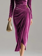 preiswerte Einfaches Kleid-Weihnachten Damen Midikleid Etui-Kleid Elegant Party Cocktail Outdoor Party Hochzeitsgast Patchwork Schlank Einfarbig Langarm Wasserfallausschnitt Fuchsie Braun Grün