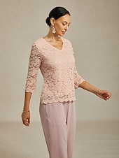 cheap Lace Tops-Women's Lace Shirt Blouse Lace Floral Elegant Long Sleeve V Neck Regular Tops Daily Wedding Guest Cute Outfits Pink Summer Spring Fall Winter