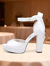 baratos Sandálias de Plataforma-Sandálias femininas de salto alto plataforma em cetim roxo com tira de pérolas no tornozelo - sapatos de festa glamorosos de bico aberto para eventos noturnos, casamentos e coquetéis.