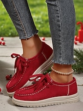 abordables Femmes-Chaussures rouges décontractées à lacets pour femmes - mocassins plats souples et antidérapants, chaussures confortables au quotidien pour Noël, le shopping et les voyages