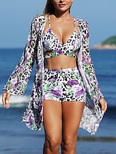 tanie 3-częściowy zestaw bikini-Kobiece bikini 3-częściowy strój kąpielowy szorty smukły bez pleców na wakacje plażowe ubranie kwiatowy dekolt V bez rękawów