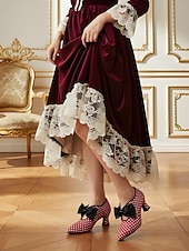  Rote Damenpumps im Vintage-Stil der 1950er Jahre mit Polka-Dots und schwarzer Satinschleife – vom edwardianischen Stil inspiriert, perfekt für Retro-Partys, den Alltag und besondere Anlässe.