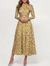 cheap Floral Dress-Women's Midi Dress Casual Dress Swing Dress Elegant Fashion Daily Outdoor Weekend Regular Fit Floral Long Sleeve Crew Neck Blue Yellow Green Spring Fall Winter Autumn