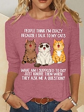 billige Dyrene tee-Dame T skjorte Trykt mønster Grafisk Dyr Katt Mote Fritid Kortermet Langermet Crew-hals Rund hals Vanlige topper Daglig Helg Svart Hvit Rosa Grønn Kakifarget Sommer Vår Høst