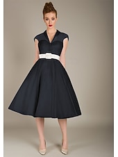 cheap Cocktail Dresses-A-Line Knee Length Cocktail Dresses Party Dresses 1950s Hot White Sleeveless V Neck Valentine's Day Wedding Guest Tulle with Sash / Ribbon