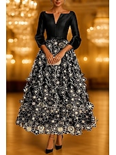 cheap Cocktail Dresses-A-Line Tea Length Cocktail Dresses Party Dresses Elegant 3/4 Length Sleeve V Neck Garden Party Wedding Taffeta with Bow(s) Appliques