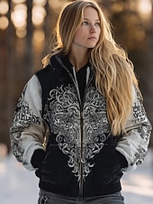 abordables Tops Viking-Mujer Sudaderas con cremallera Cremallera Bolsillo Estampado Graphic Plaid Moda occidental Casual Manga Larga Con Capucha Tops regulares Casual Calle Uso Diario Negro Gris Otoño Invierno