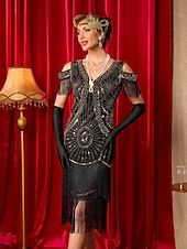 abordables Vestidos de los años 20-Conjunto Rugido 20s 1920s Hasta la Rodilla Vestidos Vestido Flapper Accesorios con accesorios Hombro frío Mangas cortas El gran Gatsby charlestón Lentejuelas Borlas Pluma Escote en Pico Disfraz Mujer