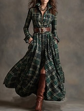 billiga Boho-klänning-Dam Maxiklänning Skiftklänning Semester Ledigt Boho Dagligen Normal Rutig Långärmad Kavajslag Blå Mörkgul Mörkgrön Svart Vår Höst Vinter