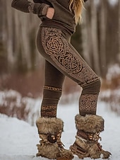  Damen Vikinger Leggings Gemütliche Leggings Urlaub Vintage Ethno-Stil Volle Länge Hohe Taille Grafik Drucken Bequem Dehnbar Lässig Täglich Outdoor Braun Frühling Herbst Winter Schmale Passform
