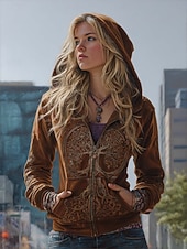 tanie Wikingowie Szczyty-Damskie Bluzy rozpinane Zamek Kieszeń Nadruk Graficzny Kratka Moda Zachodni Retro Długi rękaw Kaptur Zwykłe topy Ulica Na co dzień Żółty Czerwony Fioletowy Zielony Wiosna Jesień Zima