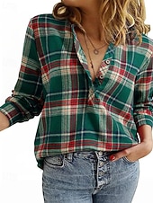 abordables T-shirt rayé et géométrique-Femmes Chemisier Hauts Élégants Boutons Plaid Uni Élégant ancien Classique manche longue Col en V Hauts Réguliers Quotidien Travail Fête Noir Rouge bleu marine Vert Automne Hiver