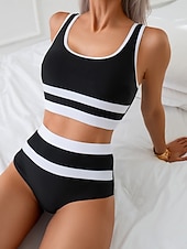 abordables Tankinis-Tankini femme 2 pièces maillot de bain culottes colorblock contrôle du ventre taille haute slim sans dos vêtements de plage de vacances rayé en U sans manches