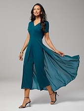 ieftine Jumpsuits-Dame Femeie Rochie casual Salopetă Albastru păun Manșon scurt Mânecă scurtă Simplu Multistratificat Vară Primăvară Toate Sezoanele În V Rotund Elegant Modern Fluid S M L