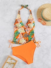 economico Tankini-Costume da bagno tankini da donna 2 pezzi arricciato palmo cheeky controllo pancia vita alta slinguato senza schiena vacanza in spiaggia scollatura a halter floreale senza maniche