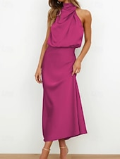 baratos Vestido Simples-Mulheres Vestido midi Vestido Longo Vestido Maxi vestido de cetim Vestido de formatura Vestido de festa Elegante Moda Moderno Festa de Noite Festa Ocasião Especial Normal Delgado Tecido Sem Manga