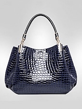 billiga Hand- och toteväskor-Damhandväska i konstläder med krokodilprägling, julklar, finns i rött, blått och svart – snygg vinteraxelväska med justerbar rem och gulddetaljer