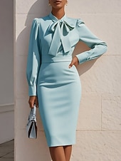 economico Vestito Semplice-Per donna Abito Midi Abito aderente Abiti semi formali Ufficio Taglia piccola Semplice Manica Lunga Colletto a Camicia Rosa Blu Albicocca Autunno Inverno