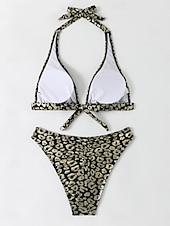 tanie Zestawy bikini-Kostium kąpielowy bikini damski 2-częściowy z leopardem seksowny slim bez pleców wakacyjny strój plażowy dekolt halter bez rękawów