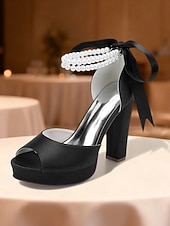baratos Sandálias de Plataforma-Sandálias femininas de salto alto plataforma em cetim roxo com tira de pérolas no tornozelo - sapatos de festa glamorosos de bico aberto para eventos noturnos, casamentos e coquetéis.