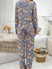 billige Natttøy-Dame Pyjamas lounge Pyjamas Sett Fritid Tegneserie Elastisk midje Bukse Hjem Seng Langermet Crew-hals Blå Vår Høst Løstsittende