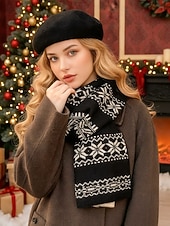 preiswerte Schals für Damen-Weihnachtsstrickschal mit Schneeflockenmuster für Damen – aus Acryl, festliches rot-weißes Muster, perfekt für Winterfeiertage und Weihnachtsfeiern