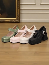 billiga Pumps med blockklack-Gröna blommiga platåskor i konstläder med Mary Jane-spänne för kvinnor - vintageklackar från 1950-talet för formella tillfällen, fester och bröllop