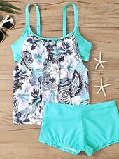 baratos Tankinis-Tankini Feminino de Biquíni 2 Peças com Cintura Alta Controle de Barriga Cintura Alta Slim Costas Nuas Roupas de Praia de Férias Gráfico Floral com Decote U Sem Mangas