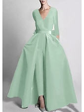 ieftine Rochii de seară pentru bal-Două Piese Salopeta Lungime Podea Detașabil Rochii de seara Elegant Manșon Lung În V Nuntă Invitat la nunta Buzunar Țesătură întinsă cu Fluture