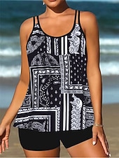 رخيصةأون مايوهات تانكيني-بدلة سباحة نسائية تانكيني قطعتين شورتات تحكم في البطن عالية الخصر نحيف بدون ظهر ملابس شاطئ إجازة مزينة بأنماط بيزلي برقبة على شكل حرف U بدون أكمام