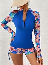 baratos Tankinis-Maiô Tankini Feminino 2 Peças Short Controle de Barriga Cintura Alta Slim Costas Descobertas Roupas de Praia de Férias Floral Folhas Decote Alto Com Mangas Longas