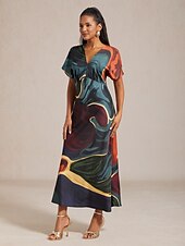 tanie sukienka na co dzień-Długa sukienka damska satynowa z abstrakcyjnym nadrukiem, rękaw typu dolman, dekolt w serek, wiązanie w talii, elegancka, swobodna, wakacyjna, wiosna, lato, jesień