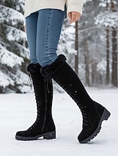 cheap Snow &amp; Winter Boots-Women's Brown Lace-Up Fur Lined Boots - Knee-High Winter Boots with Warm Faux Fur Collar for Outdoor Snow and Holiday Wear