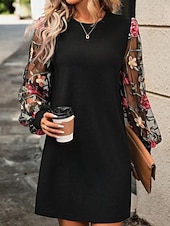 cheap Mini Black Dress-Women's Mini Dress Casual Dress T Shirt Dress Tee Dress Print Dress Modern Daily Outdoor Vacation Regular Fit Floral Long Sleeve Crew Neck Blue Black Apricot Summer Spring