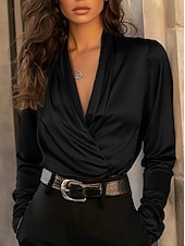 abordables Blouses Unies-Femmes Chemise en satin Chemise habillée Chemisier Froncé Couleur Unie Élégant Basique Occasionnel manche longue Col en V Hauts Réguliers Quotidien Extérieur Travail Noir Fuchsia Marron Vert